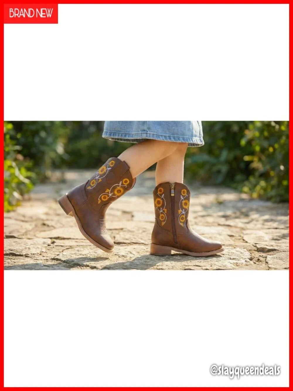 Girls Cowboy Boots Floral Embroidery Western Square Toe Zip Kids